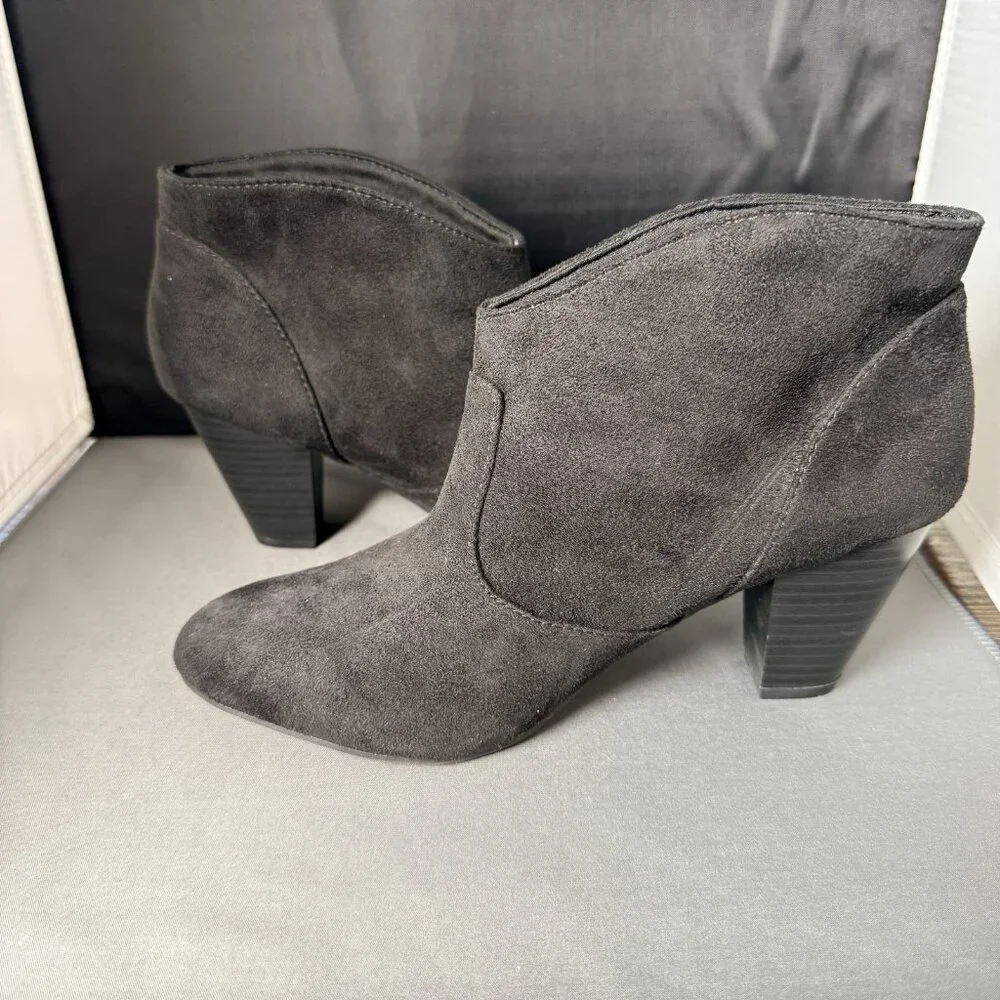 Trend Report Ankle Booties Slip On Chunky Block High Heel Suede Boot Size 7.5 - Picture 2 of 5